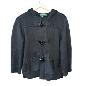 Lauren Ralph Lauren Cardigan Sweater Toggle Closure Hood Black M Timeless Preppy